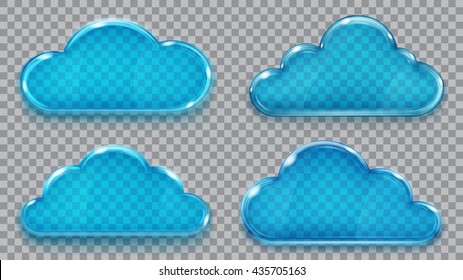 Set of transparent glass clouds in blue colors. Transparency only in vector format. Can be used with any background