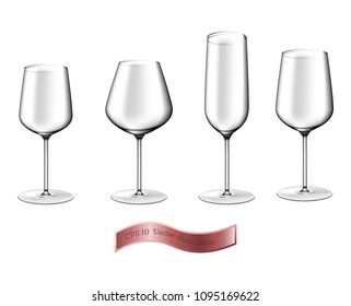 Set of transparent glass goblets on white background.