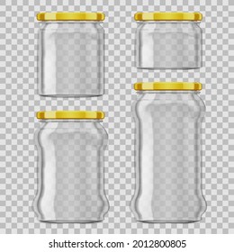 Set Of Transparent Glass Jars For Canning, Preserving With Golden Lids. EPS10 Vector