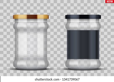 Set Of Transparent Glass Jars With Label For Canning And Preserving. Metal Cover Lid. Homemade Kitchen Conservation Fruits And Vegetables. Vector Illustration Isolated On Transparent Background.