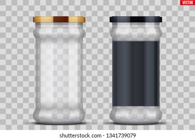 Set of Transparent Glass Jars with label for canning and preserving. Metal cover lid. Homemade kitchen conservation fruits and vegetables. Vector Illustration isolated on transparent background.