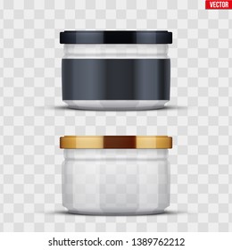 Set of Transparent Glass Jars with label for canning and preserving. Metal cover lid. Homemade kitchen conservation fruits and vegetables. Vector Illustration isolated on transparent background.
