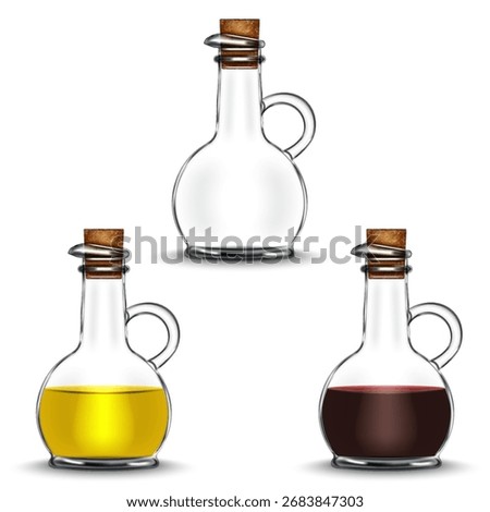 Set of transparent glass jug with cork stoppers filled realistic 3d vector, olive oil, red wine vinegar and empty bottles dispenser isolated on white background front view, detailed food illustration.