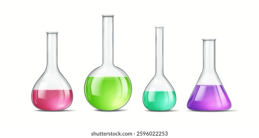 Set of transparent glass laboratory flasks filled with colorful liquids in red, green, turquoise, and purple, isolated on white background. Design for science projects.