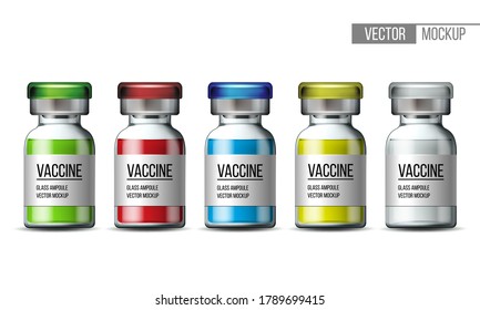 Set of transparent glass medical vials with colorful cap. Set of ampoules with vaccine or drug for medical treatment. Realistic 3d mockups of bottles with medicament for injection.