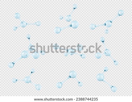 Set of transparent glass molecule or atom models. 3D abstract molecular structures isolated on transparent background. Vector 3d illustration