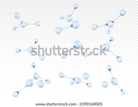 Set of transparent glass molecule or atom models. 3D abstract molecular structures isolated on transparent background. Vector 3d illustration