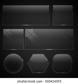conjunto de vidrio transparente sobre el fondo de la muestra. Cuadrado de vidrio, botones rectangulares y redondos sobre fondo a cuadros. Ilustración vectorial.