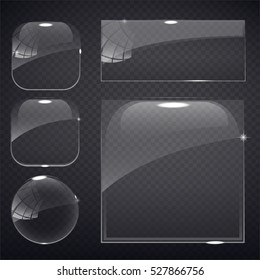 set of transparent glass on sample background. Glass framework set. Glass square, rectangular and round buttons on checkered background. Vector illustration.