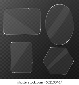 Set of transparent glass on sample background. Glass square, rectangular and round buttons on checkered background. Vector illustration.