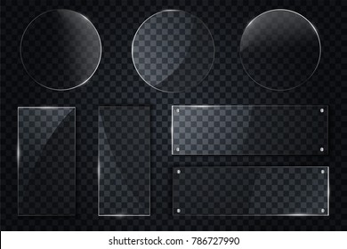 set of transparent glass on sample background. Glass framework set. Glass square, rectangular and round buttons on checkered background. EPS10
