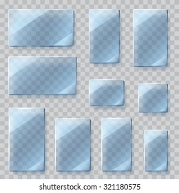 Set of transparent glass plates of different shapes in light blue colors. Transparency only in vector file