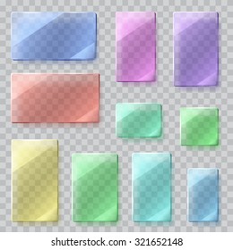 Set of transparent glass plates of different shapes in various colors. Transparency only in vector file