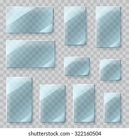 Set of transparent glass plates of different shapes in light blue colors. Transparency only in vector file