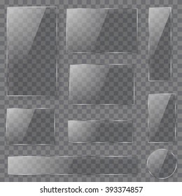 Set of transparent glass plates of different shapes in dark colors with shadows. Transparency only in vector format