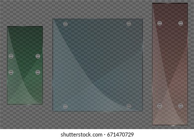 Set of transparent glass plates of different shapes in various colors. Transparency only in vector file