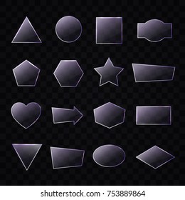 Set of transparent glass plates of different shapes in purple colors. Vector glass banners on transparent background. Technology frames. Realistic vector illustration.