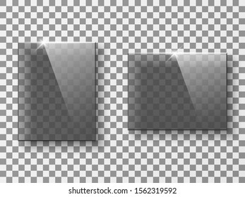 Set of transparent glass plates isolated on checkered background vector illustration.