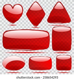 Set of transparent glass shapes in red colors