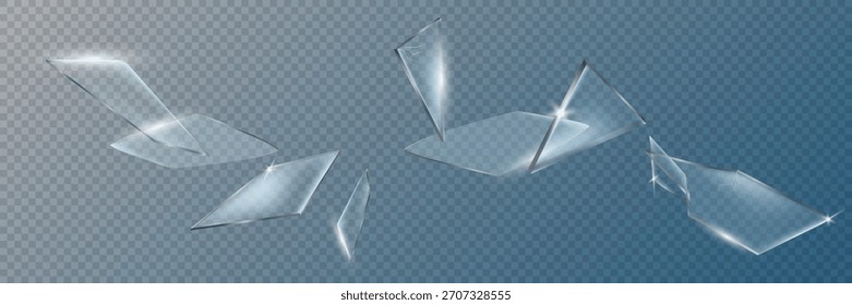 A set of transparent glass shards with soft reflections and highlights on a transparent background, suitable for user interface design, illustrations, posters or decorative overlays.