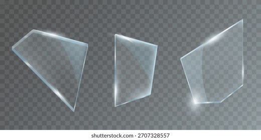 Um conjunto de fragmentos de vidro transparente com reflexos suaves e destaques em um fundo transparente, adequado para design de interface do usuário, ilustrações, cartazes ou sobreposições decorativas.