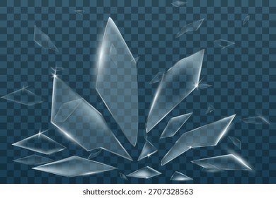 Um conjunto de fragmentos de vidro transparente com reflexos suaves e destaques em um fundo transparente, adequado para design de interface do usuário, ilustrações, cartazes ou sobreposições decorativas.