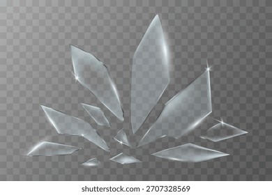 A set of transparent glass shards with soft reflections and highlights on a transparent background, suitable for user interface design, illustrations, posters or decorative overlays.