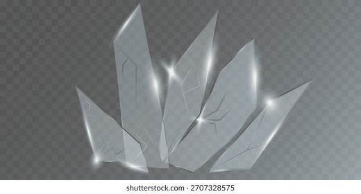 Um conjunto de fragmentos de vidro transparente com reflexos suaves e destaques em um fundo transparente, adequado para design de interface do usuário, ilustrações, cartazes ou sobreposições decorativas.