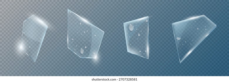 A set of transparent glass shards with soft reflections and highlights on a transparent background, suitable for user interface design, illustrations, posters or decorative overlays.