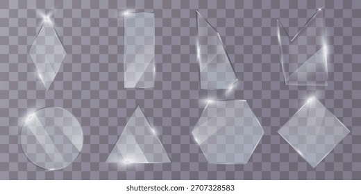 A set of transparent glass shards with soft reflections and highlights on a transparent background, suitable for user interface design, illustrations, posters or decorative overlays.