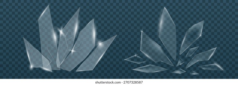 A set of transparent glass shards with soft reflections and highlights on a transparent background, suitable for user interface design, illustrations, posters or decorative overlays.