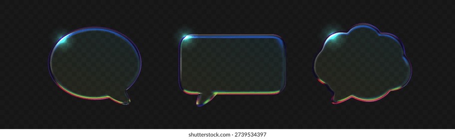 Set Transparent glass speech bubble with holographic gradient effects. 3D crystal chat icon featuring prismatic light dispersion on dark background for modern tech interfaces.
