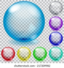 Set of transparent glass spheres with glares and shadows in various colors