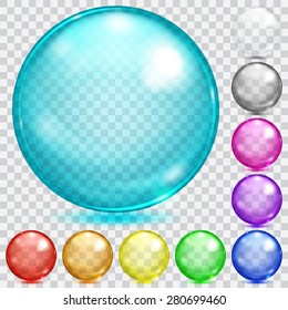 Set of transparent glass spheres of various colors with glares and shadows