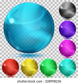 Set of transparent glass spheres of various colors with glares and shadows