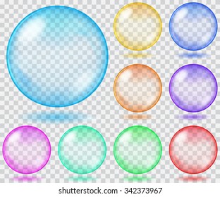 Set of transparent glass spheres of various colors with glares and shadows. Transparency only in vector file