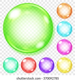 Set of transparent glass spheres of various colors with glares and shadows. Transparency only in vector file