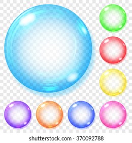 Set of transparent glass spheres of various colors with glares and shadows. Transparency only in vector file