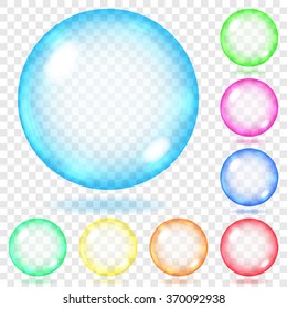 Set of transparent glass spheres of various colors with glares and shadows. Transparency only in vector file