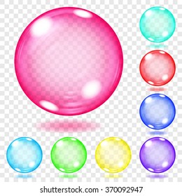 Set of transparent glass spheres of various colors with glares and shadows. Transparency only in vector file