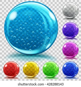 Set of transparent glass spheres of various colors with air bubbles, glares and shadows. Transparency only in vector file