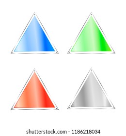 Set of transparent glass triangles with color background. Isolated on white background