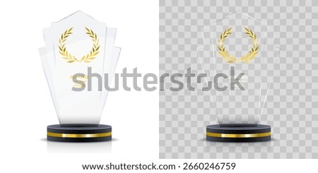 Set of transparent glass trophy awards. Includes crystal plaques and acrylic pedestal prizes for sport achievements, competitions, business events and victory celebrations. High-res PNG format.