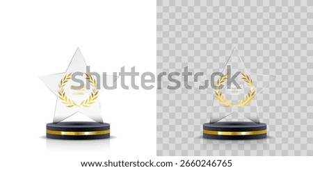 Set of transparent glass trophy awards. Includes crystal plaques and acrylic pedestal prizes for sport achievements, competitions, business events and victory celebrations. High-res PNG format.