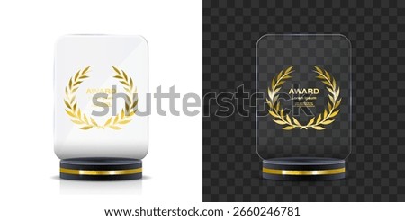 Set of transparent glass trophy awards. Includes crystal plaques and acrylic pedestal prizes for sport achievements, competitions, business events and victory celebrations. High-res PNG format.