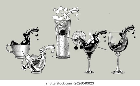Set of transparent glasses and cups with colorful splashes of various drinks. Vector illustration in black and white vintage engraving style. NOT AI generated