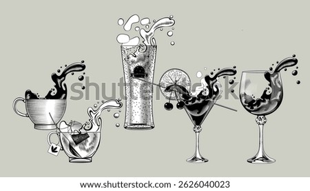 Set of transparent glasses and cups with colorful splashes of various drinks. Vector illustration in black and white vintage engraving style. NOT AI generated