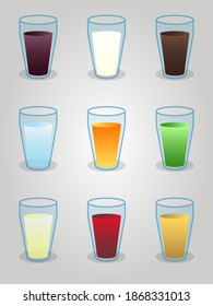 Set of transparent glasses with different color drinks, vector illustration