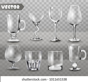 Set of transparent glasses goblets, cocktail glasses collection, vector illustration, icons.