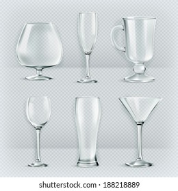 Set of transparent glasses goblets, cocktail glasses collection, vector illustration, icons